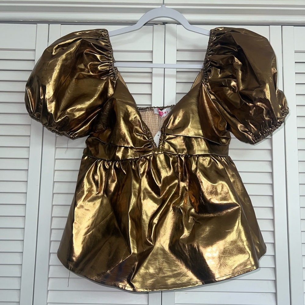 Gold Puff Sleeve Boutique Top NWT